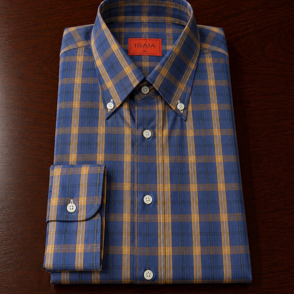 ISAIA Blue and Tan Plaid Button-Down Shirt